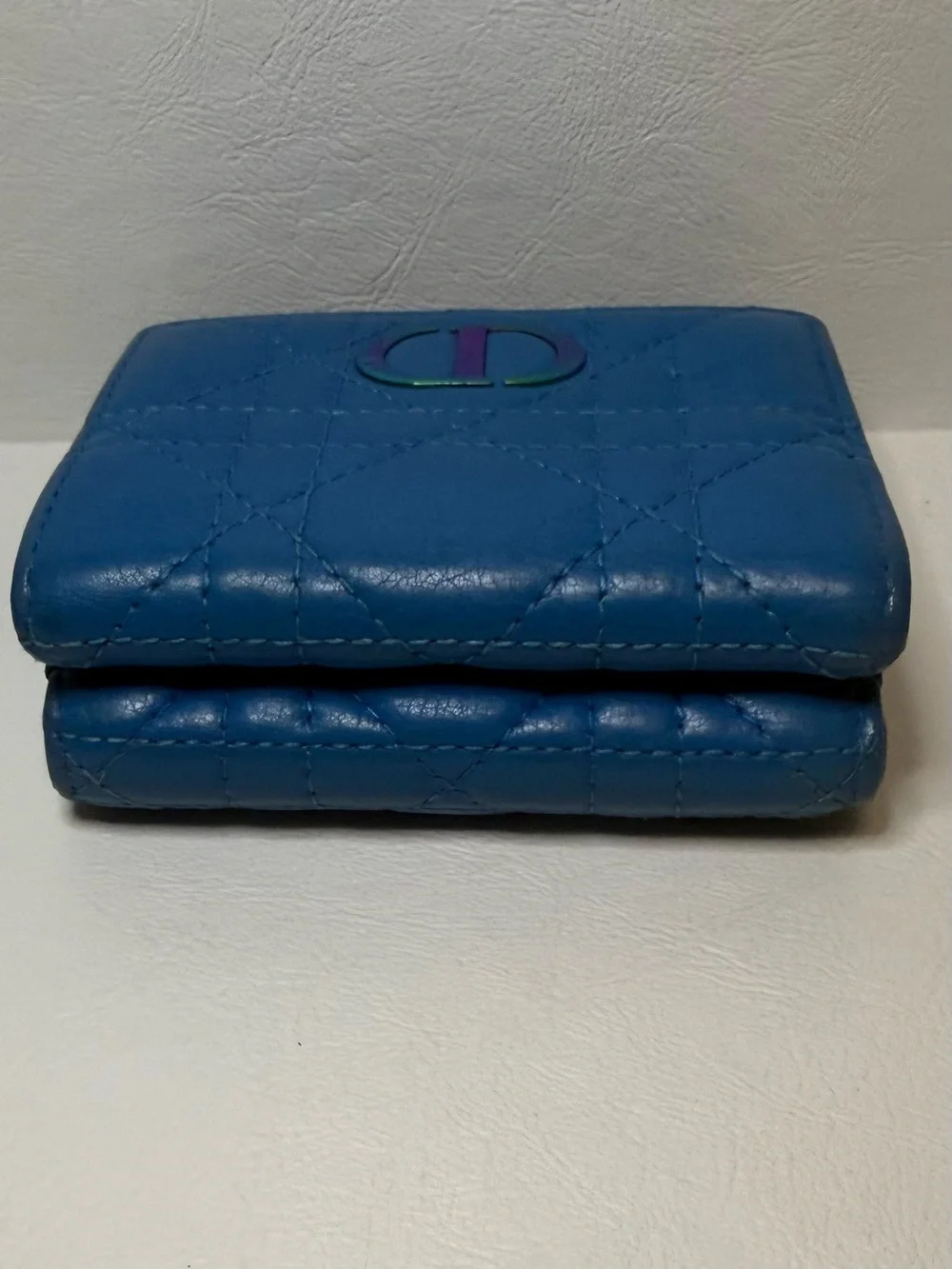 Dior Caro Dahlia Quilted Blue Leather Compact Wallet